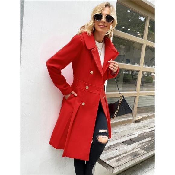 Women's Trench Coat Notch Lapel Double Breasted Thick A Line Pea Coat, Red - Picture 3 of 6